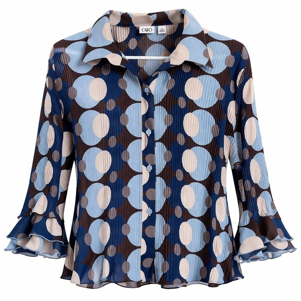 Vtg Womens Crinkle Blouse Shirt Size XL 90s Y2K Ruffle Polka Dot Blue